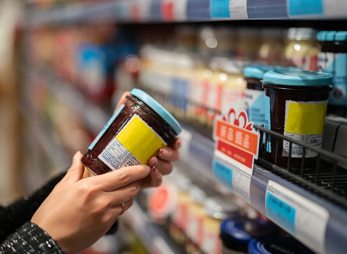 Person holding jar in store aisle.